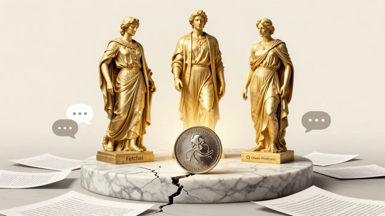 A small ALGOAI coin on a cracked pedestal beneath three towering AI crypto statues, one shadowed, others lit.