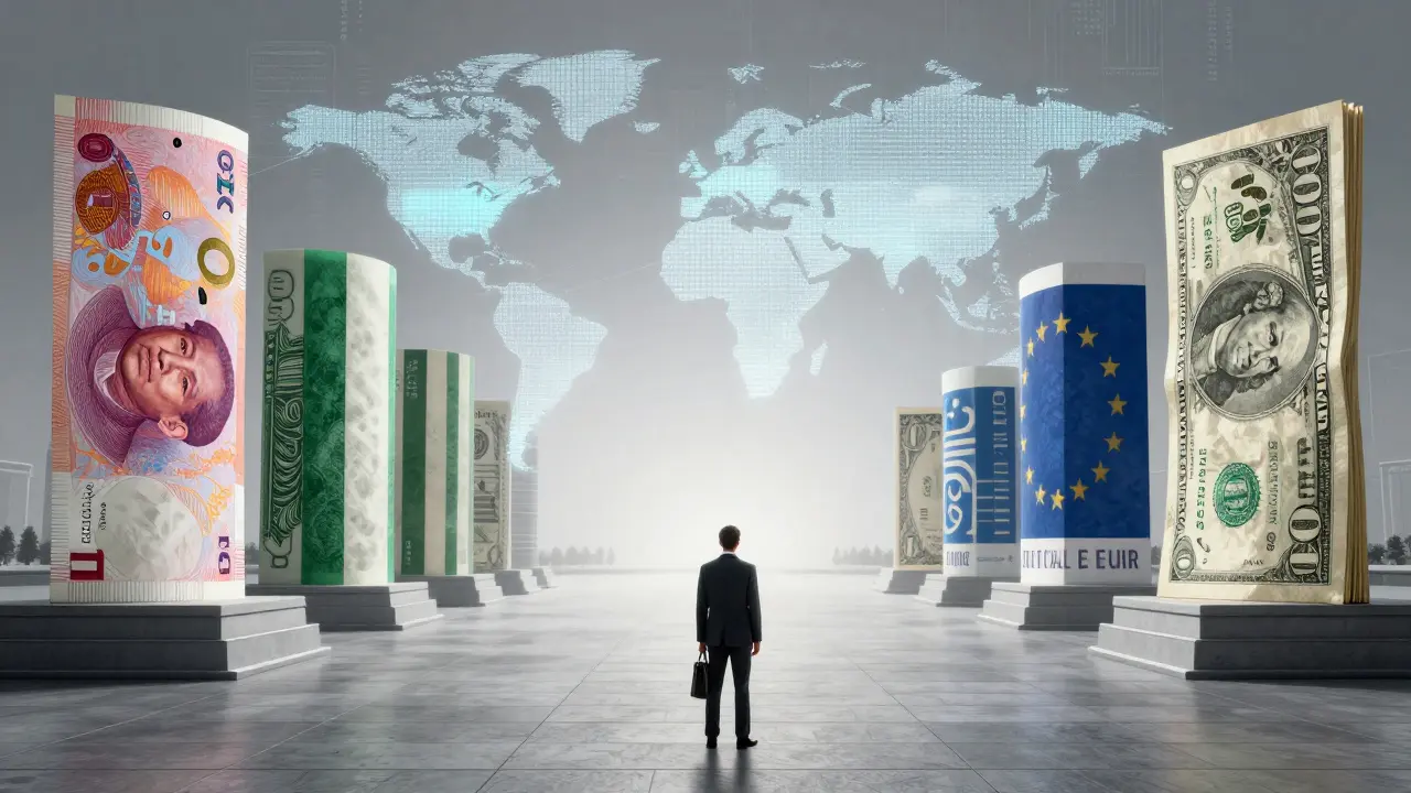 A solitary figure stands before monuments of global digital currencies, while a fading U.S. dollar hologram dissolves into static.