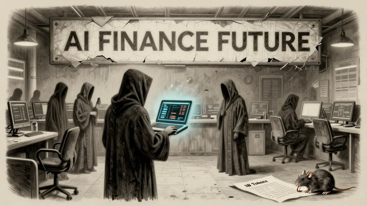 An empty crypto trading floor with ghostly figures and a crumbling &#039;AI FINANCE FUTURE&#039; sign, etched in sepia.