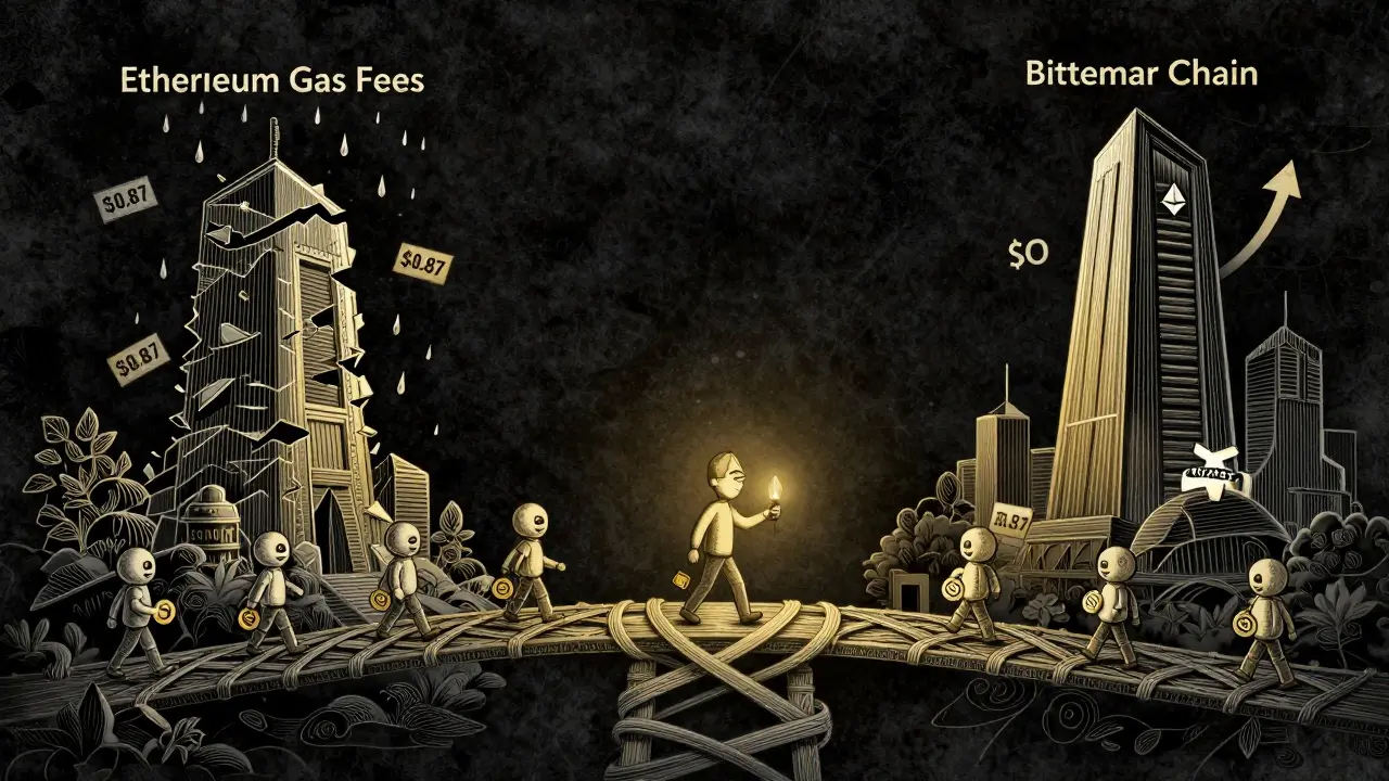 Bridge between Ethereum and Bittensor blockchains with users crossing, illustrated in detailed etching.