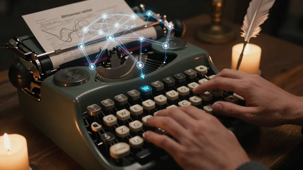 Hand typing on a crypto-key typewriter connected to Ethereum and Bittensor blockchains, etched in ink.