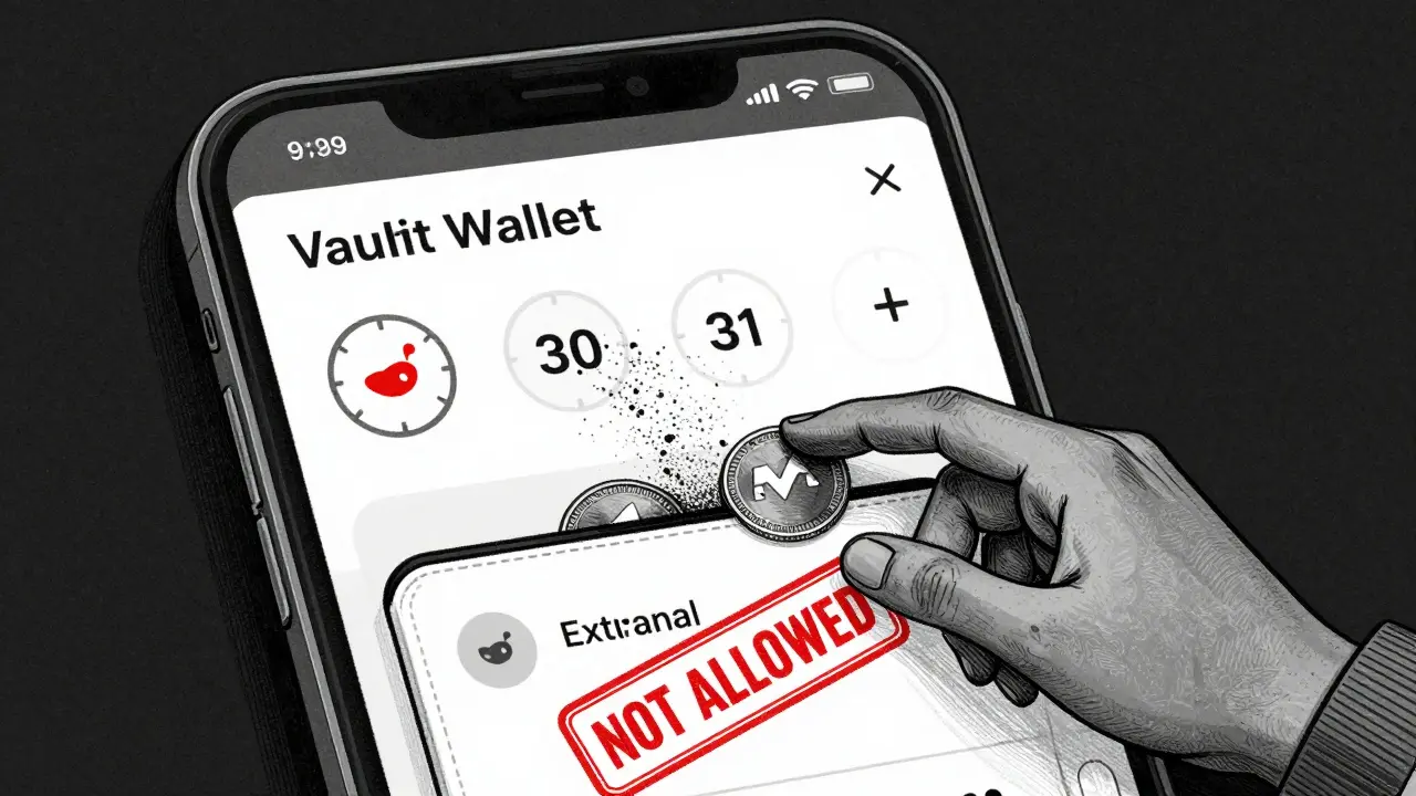 MOON tokens decaying in a Reddit Vault wallet as a 30-day timer counts down, blocked from external transfer.