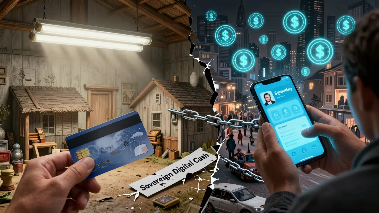 Split scene: a rural American household with prepaid card vs. a foreign city with glowing digital transactions, separated by a broken chain.