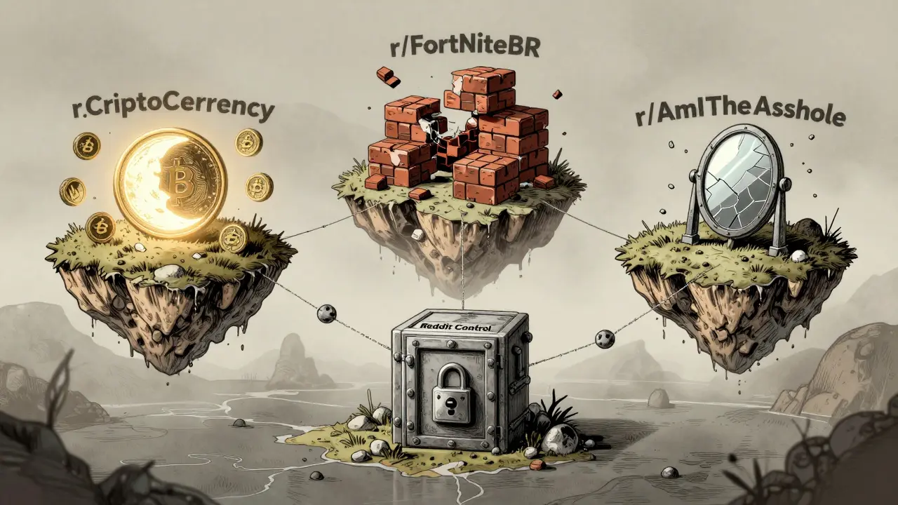 Three Reddit communities represented as islands connected by fragile blockchain threads to a locked vault.