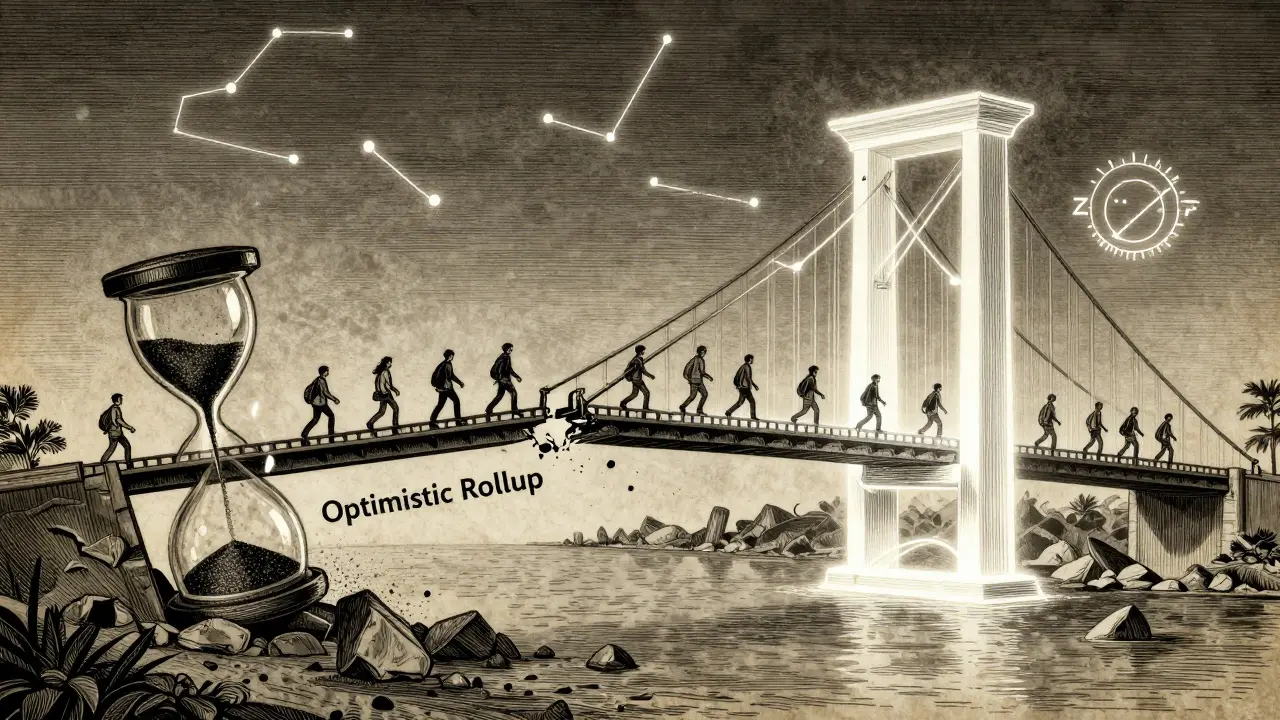 A bridge collapsing on one side with stranded users, while a glowing ZK-rollup bridge lets others cross confidently.