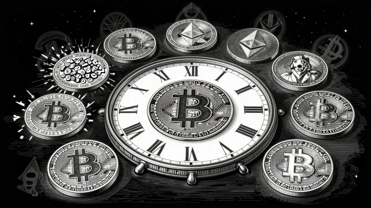 A cyclical clock shows Bitcoin at its center, surrounded by phases of crypto market sentiment in etched detail.