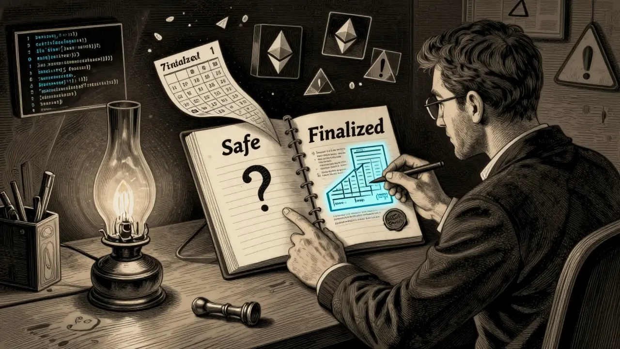 A developer comparing &#039;Safe&#039; and &#039;Finalized&#039; transaction ledgers under a lamp, surrounded by floating code fragments.
