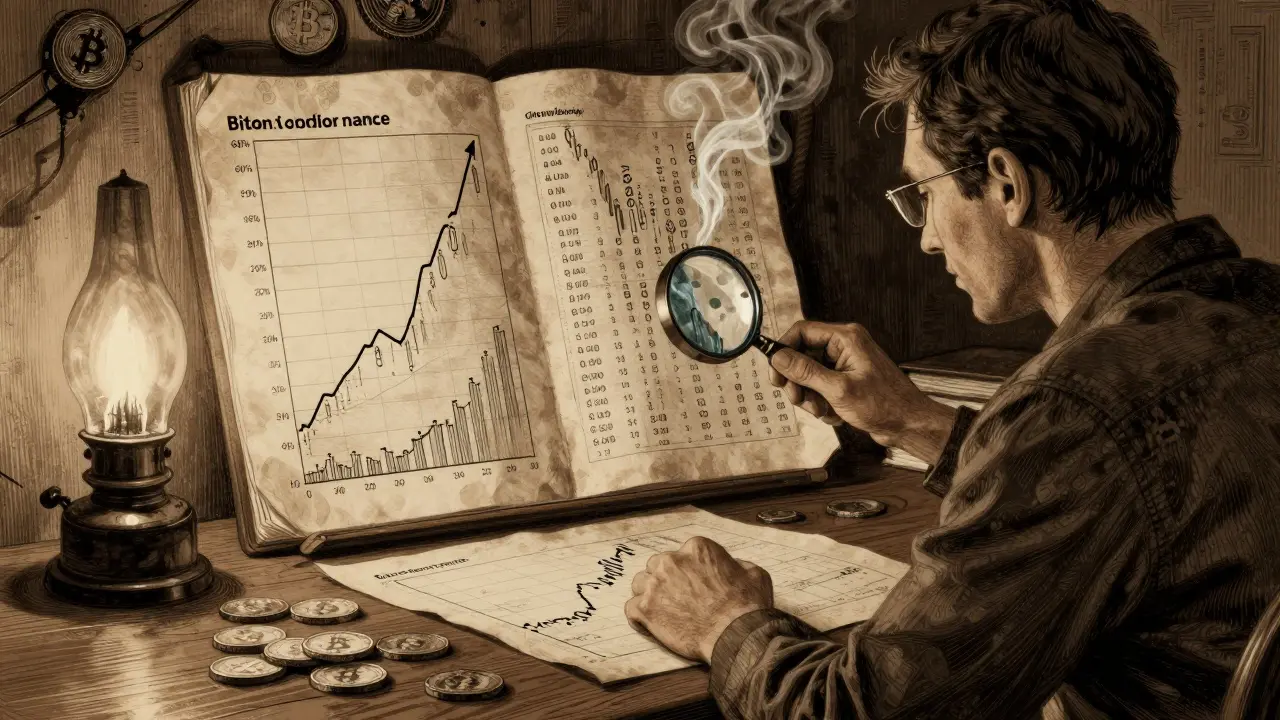 A trader examines charts of Bitcoin dominance and fading altcoins under lamplight, with stablecoins in shadow.