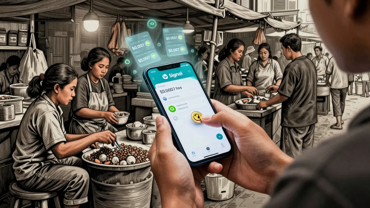 Person in Jakarta sending MobileCoin to street vendor via Signal, with transaction details floating above.