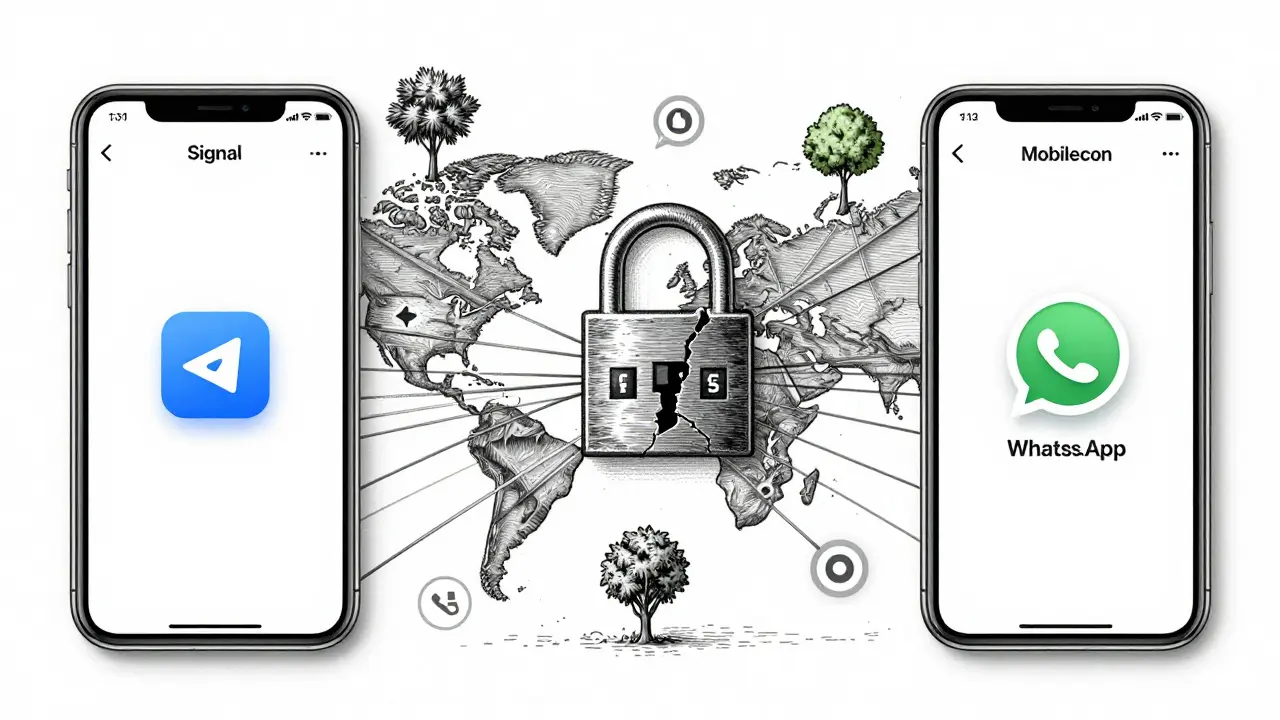 Split illustration: Signal app expanding to WhatsApp and Telegram, with carbon trees and PIN lock in etching style.