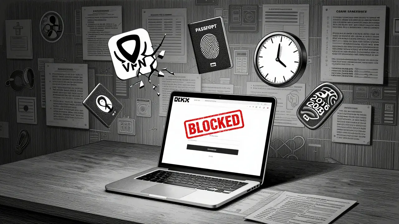 A blocked OKX login screen surrounded by failed VPN, expired ID, and regulatory symbols in detailed etching style.