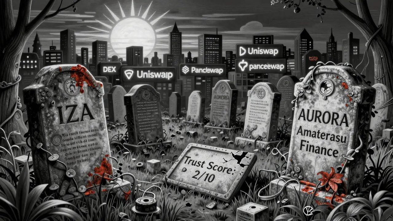 A crypto graveyard with tombstones for failed tokens, one marked &#039;Trust Score: 2/10&#039;, under a distant rising sun.