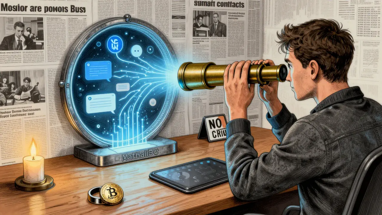 A developer uses a telescope to view cross-chain data streams, with RING token and MathWallet interface on desk, warning sign visible.