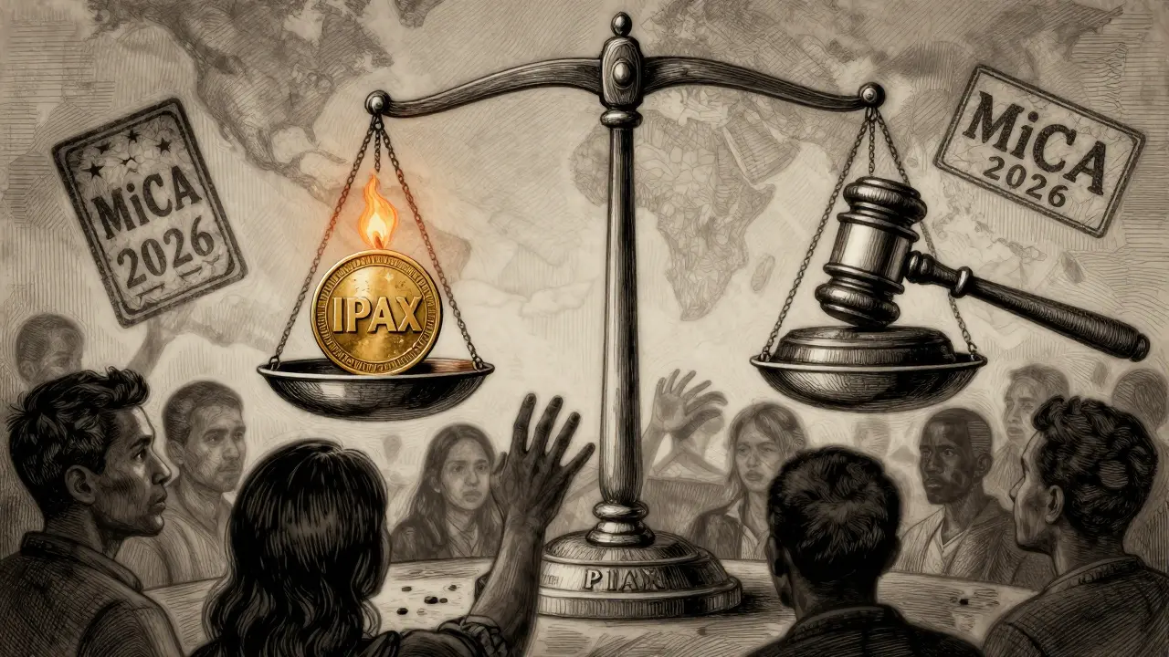 A fragile scale balancing an IPAX token against an EU regulatory gavel, with shadowy figures reaching toward the token.