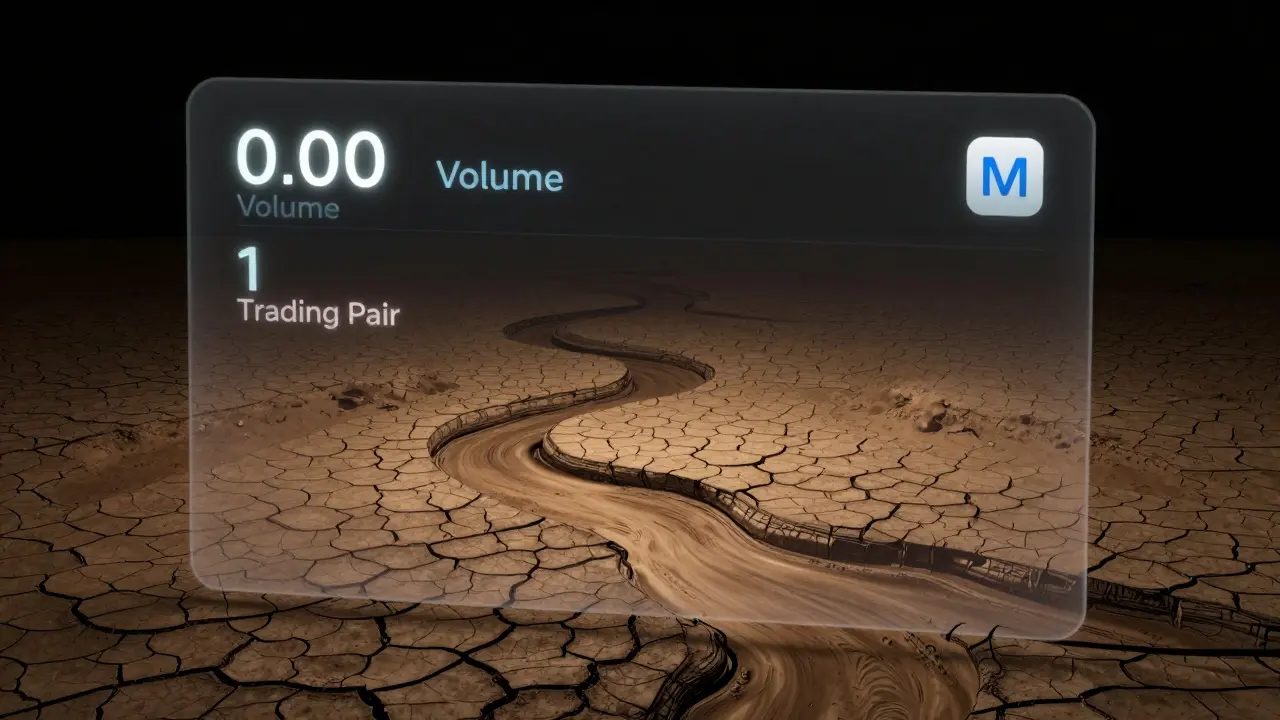 A ghostly, collapsed trading interface showing zero volume and one token pair, surrounded by dried liquidity pools.