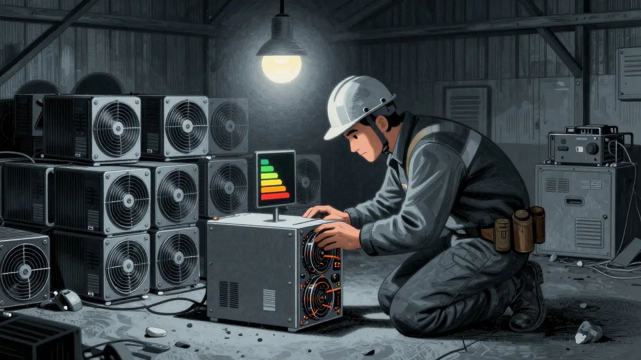 A miner with one efficient ASIC rig, surrounded by discarded old miners in a dim warehouse.