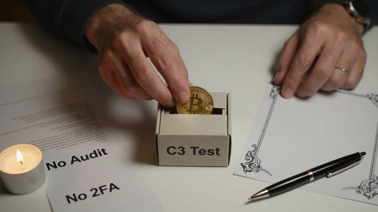 A user places a single Bitcoin into an unmarked box labeled &#039;C3 Test&#039;, surrounded by warning documents.