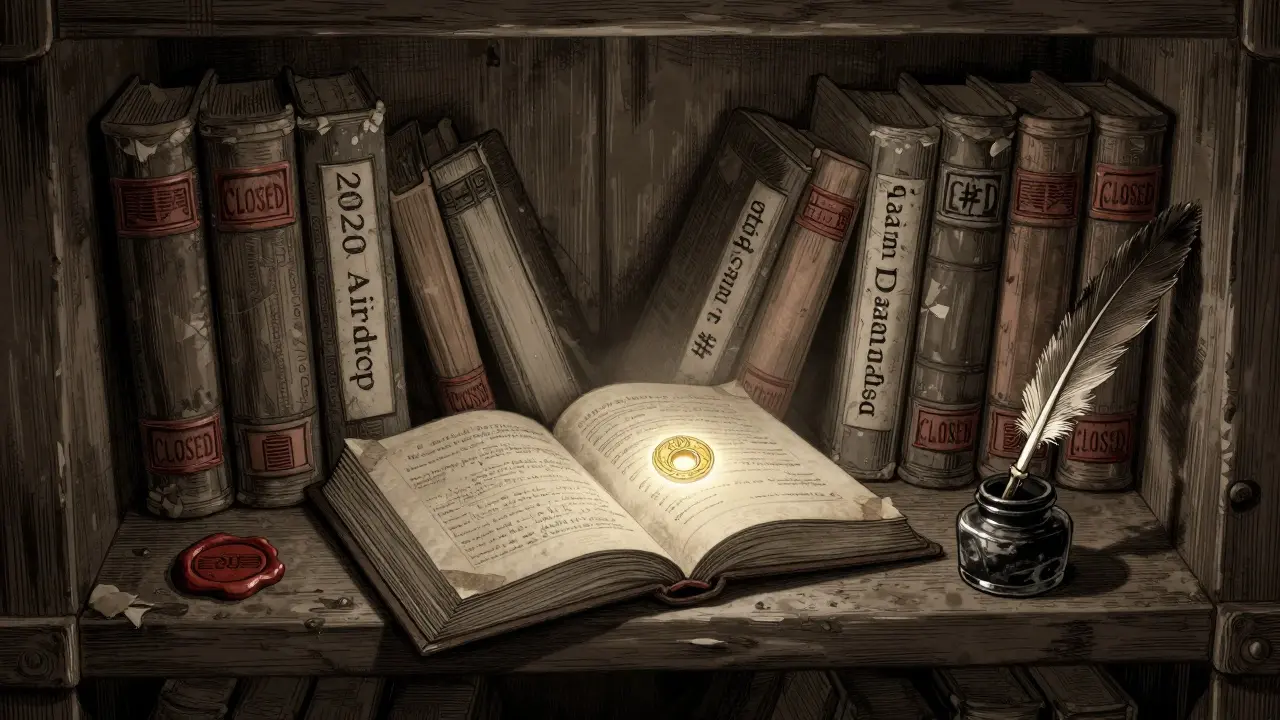 An ancient library shelf with sealed tomes about expired airdrops, one open book glowing with a RING emblem in dim light.