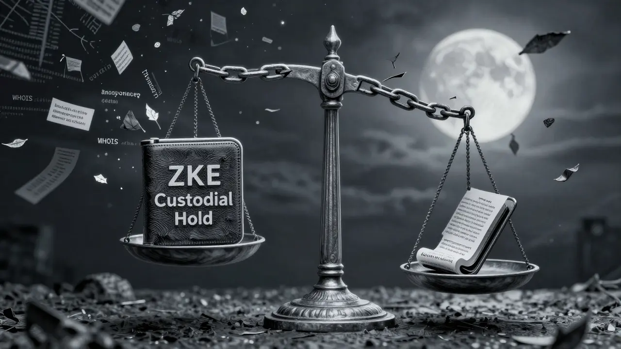 Balance scale with custodial vault vs tiny hardware wallet, broken chain above swirling anonymous records.