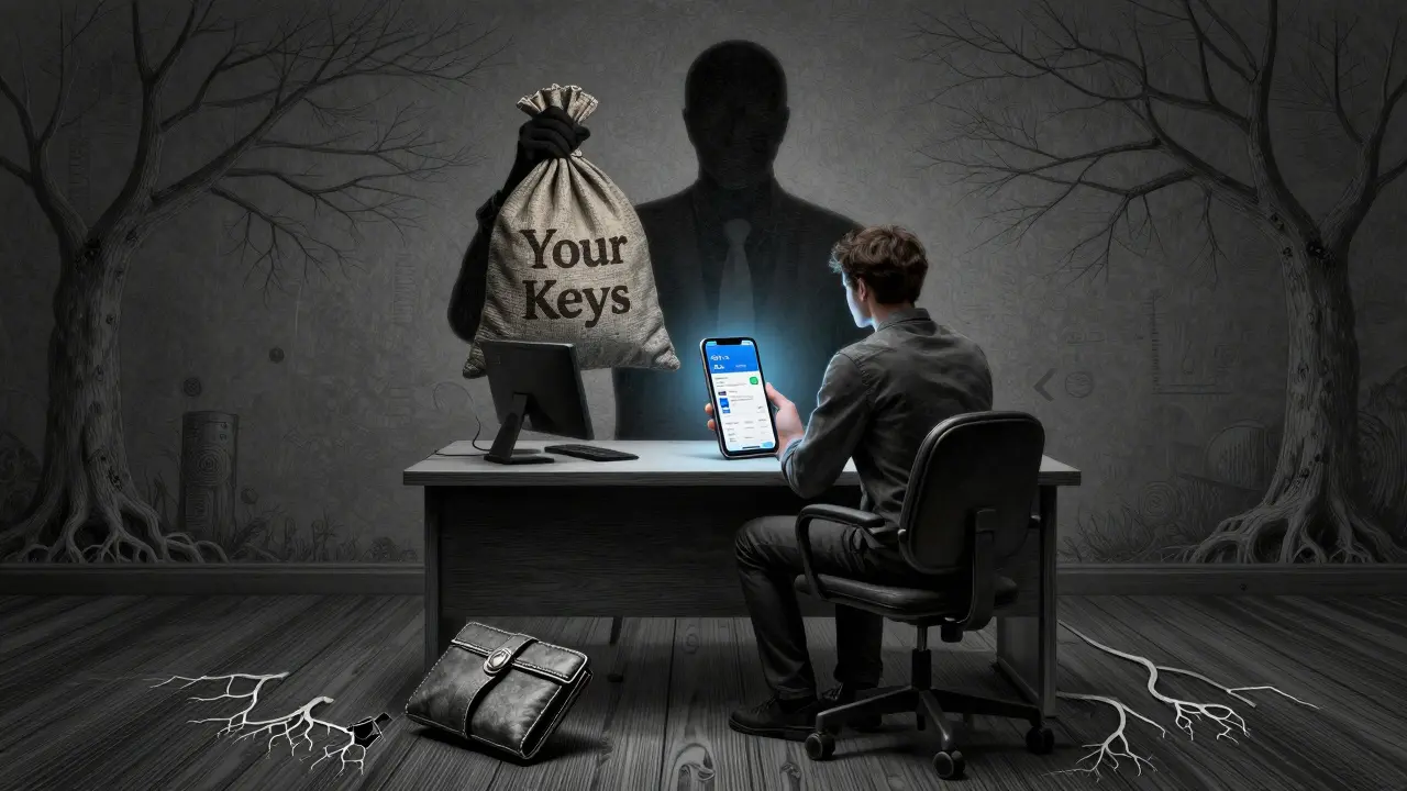 Beginner trader with smartphone showing ZKE app, giant faceless figure holding their keys, empty wallet on floor.