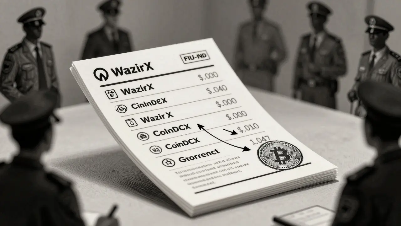 Digital ledger linking crypto trades to government audit stamp in fine ink etching.