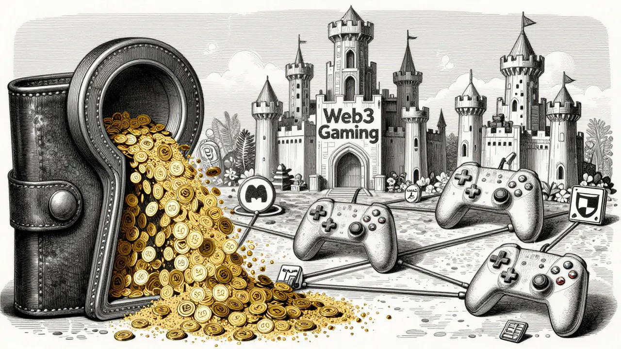 Golden tokens pouring through a wallet-shaped keyhole into a web of gaming icons and a Web3 castle.