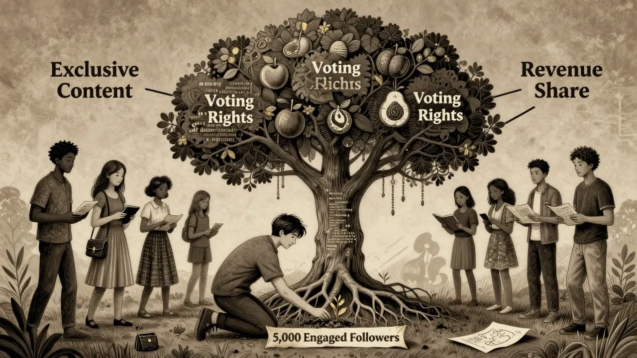 Living tree with blockchain roots and token fruit, creator planting seed as community tends it.