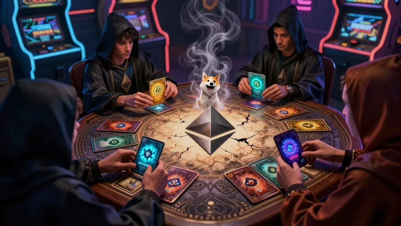 Players at a neon-lit card table competing with NFT memes under dramatic shadow and light.