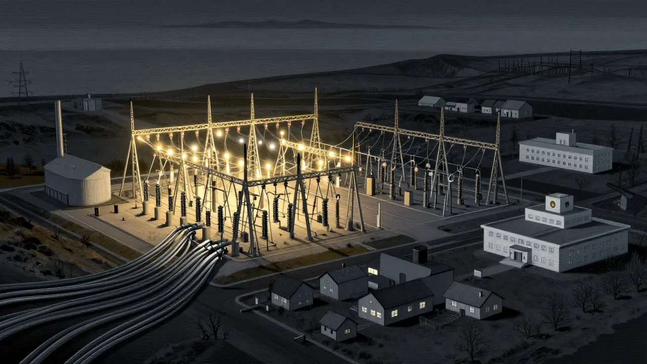 Power substation splitting energy between mining facilities and struggling homes, schools, and hospitals.