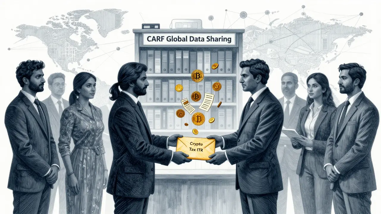 Professionals handing crypto tax documents to officer amid global financial networks.