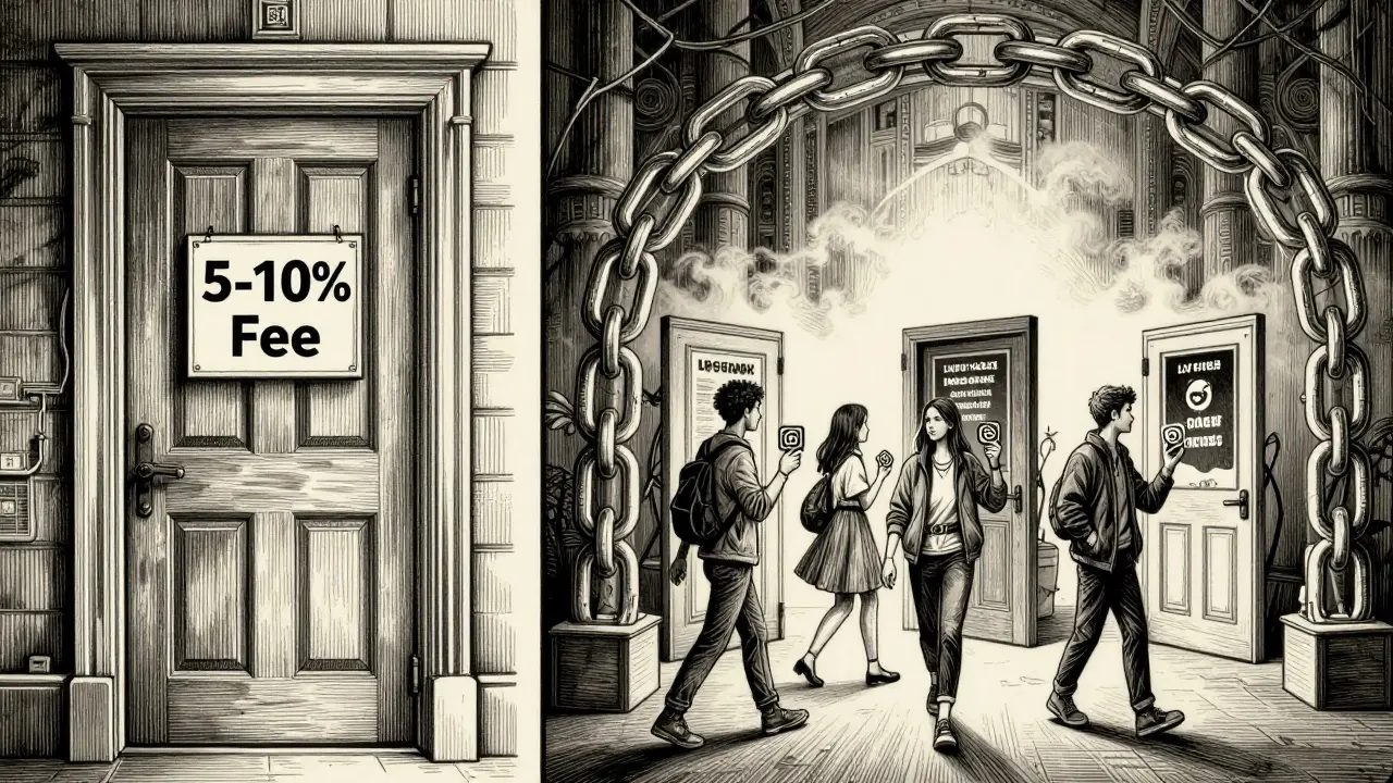 Split scene: closed Patreon door vs open blockchain gateway with community passing through.