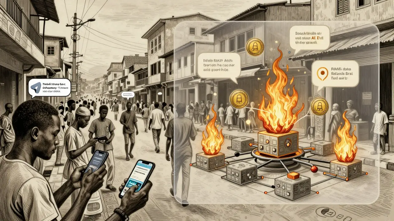 Split scene of people trading IPAX in Lagos with transparent blockchain and AI alerts overlaid in etched ink style.
