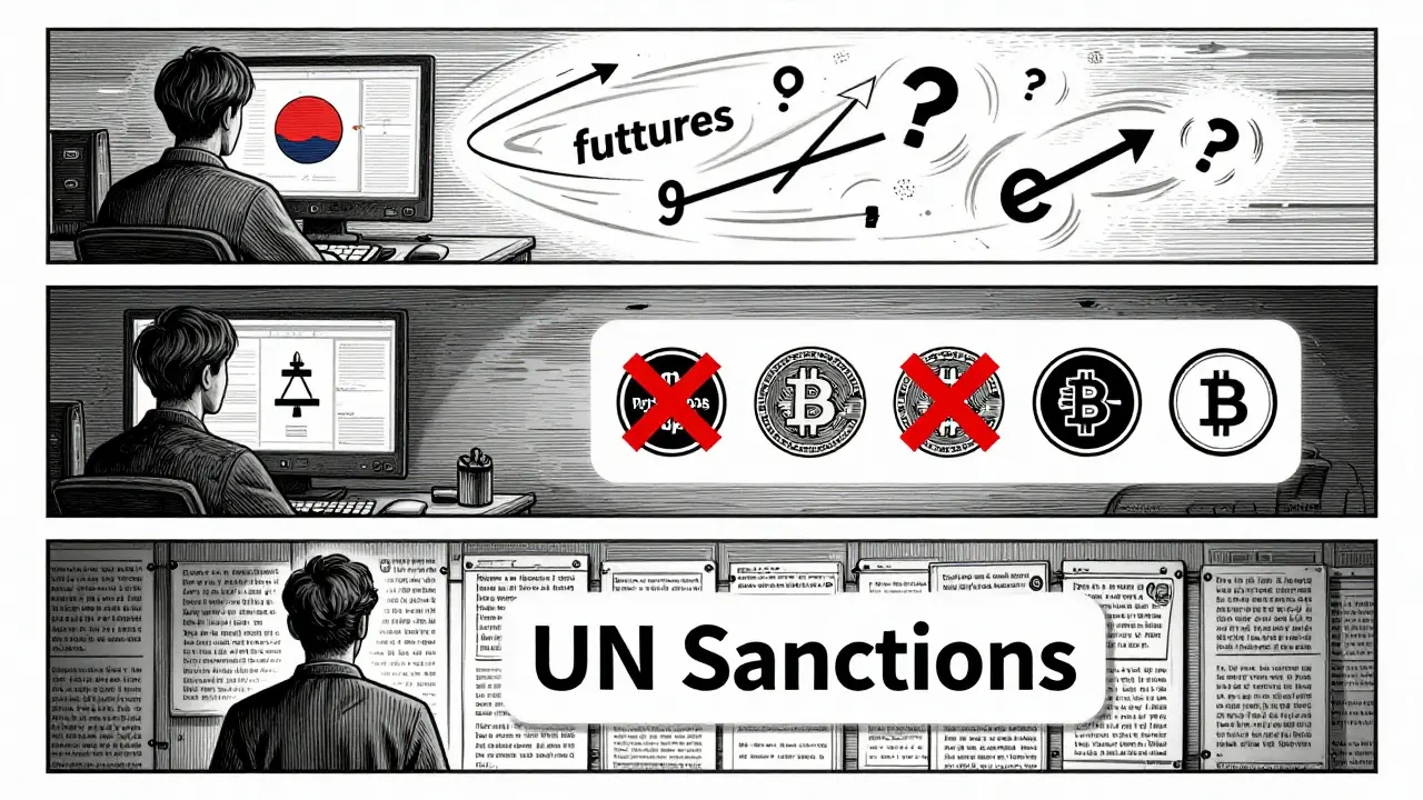 Three tiers of crypto access: full trading in Japan, restricted in Australia, blocked in Iran, illustrated in fine etched lines.