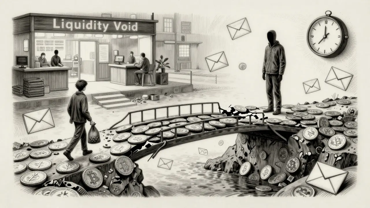A bridge of worthless COB tokens collapsing into a void, with a trader walking away toward safety.