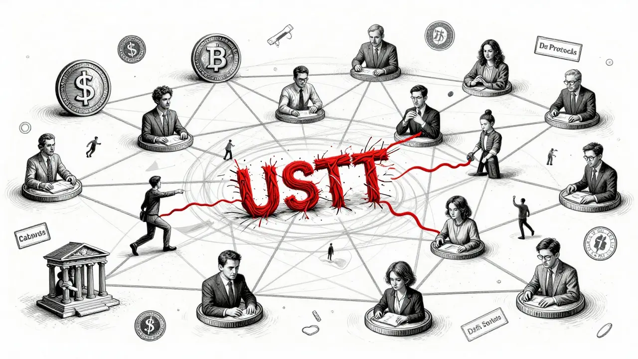 A financial web with one fraying stablecoin thread, connected to banks and users.