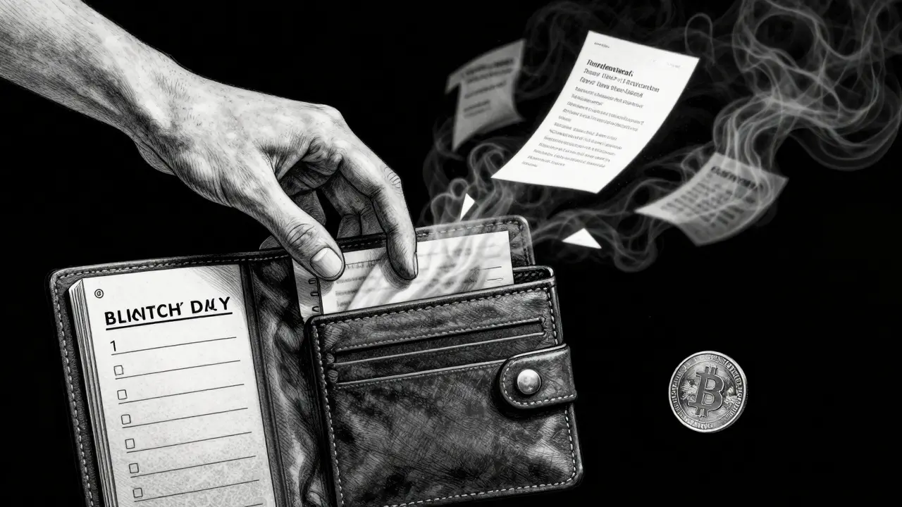 A ghostly hand reaches from a blockchain into an empty wallet as fragments of a vanished team drift away.