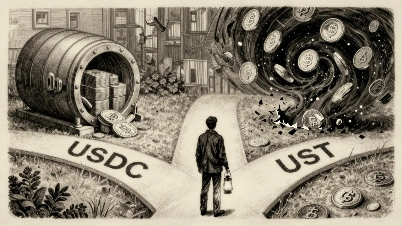 A person choosing between two paths: one safe with Treasury bonds, the other collapsing into chaos.
