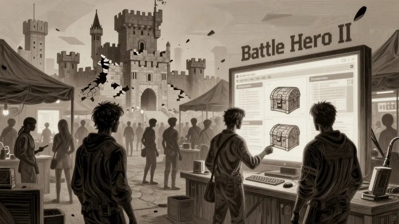 Shadowy figures trade empty NFT chests in a marketplace beneath a crumbling game castle.