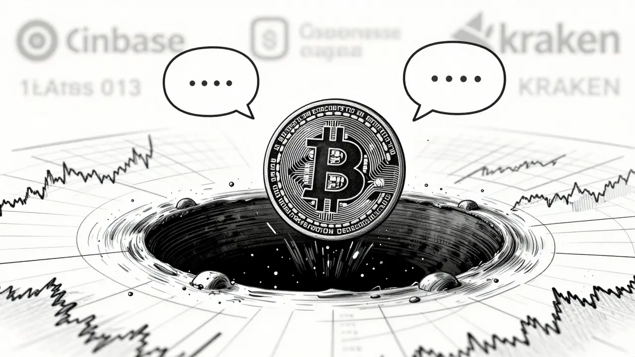 A Bitcoin coin sinking into a black hole labeled &#039;Sparrow Exchange&#039; amid empty charts.