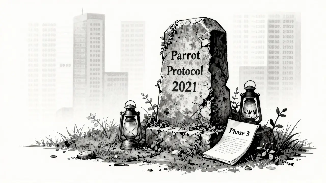 A crumbling Parrot Protocol monument covered in vines, beside a flickering lantern and buried whitepaper.