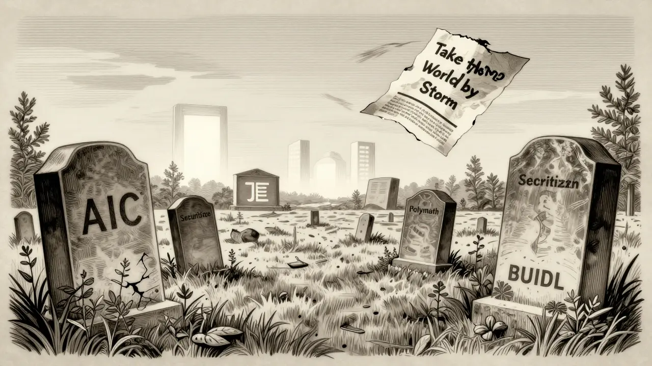 A crypto graveyard with AIC's tombstone overgrown in weeds, contrasted with well-maintained tombstones of legitimate projects.