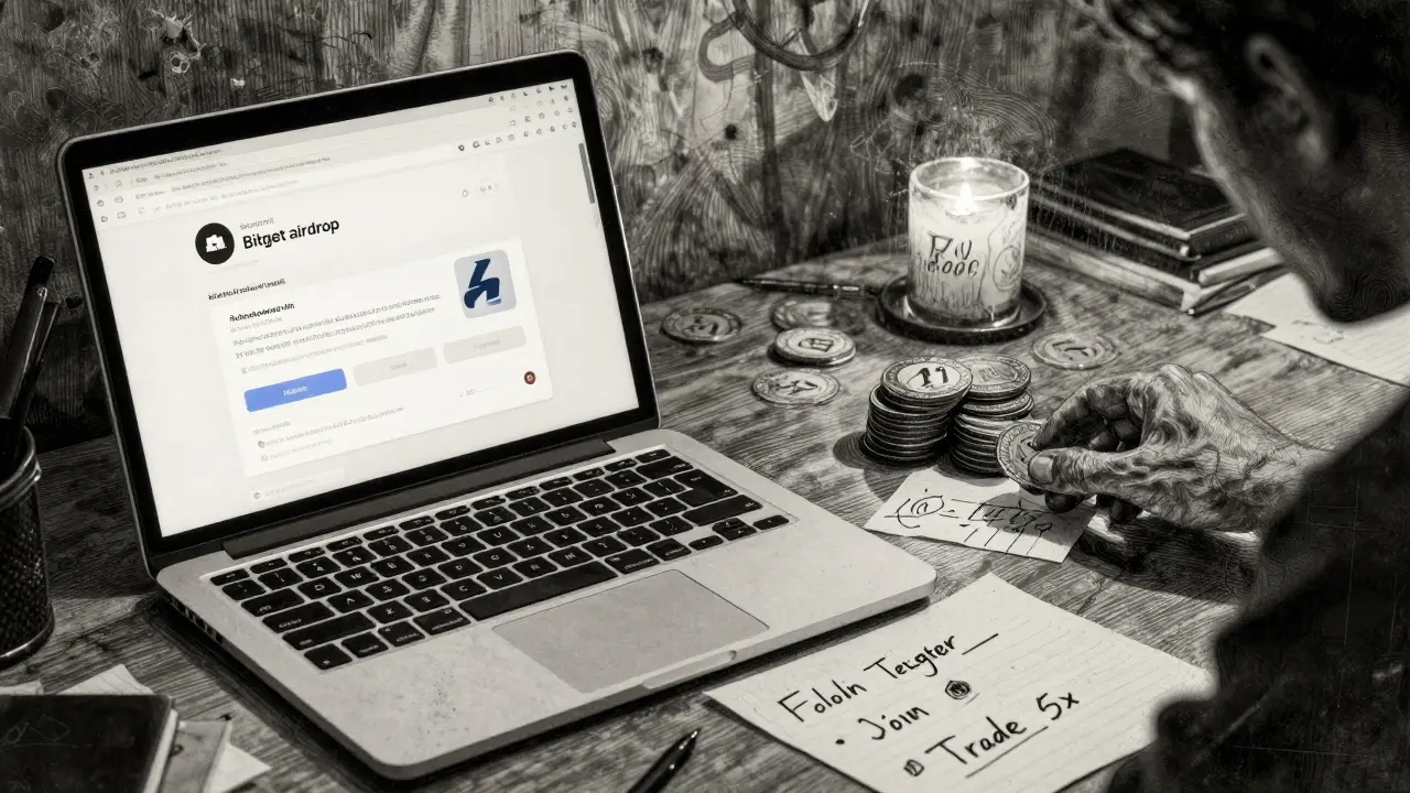 A desktop with a Bitget airdrop page, wallet connected, and task notes under dim candlelight.