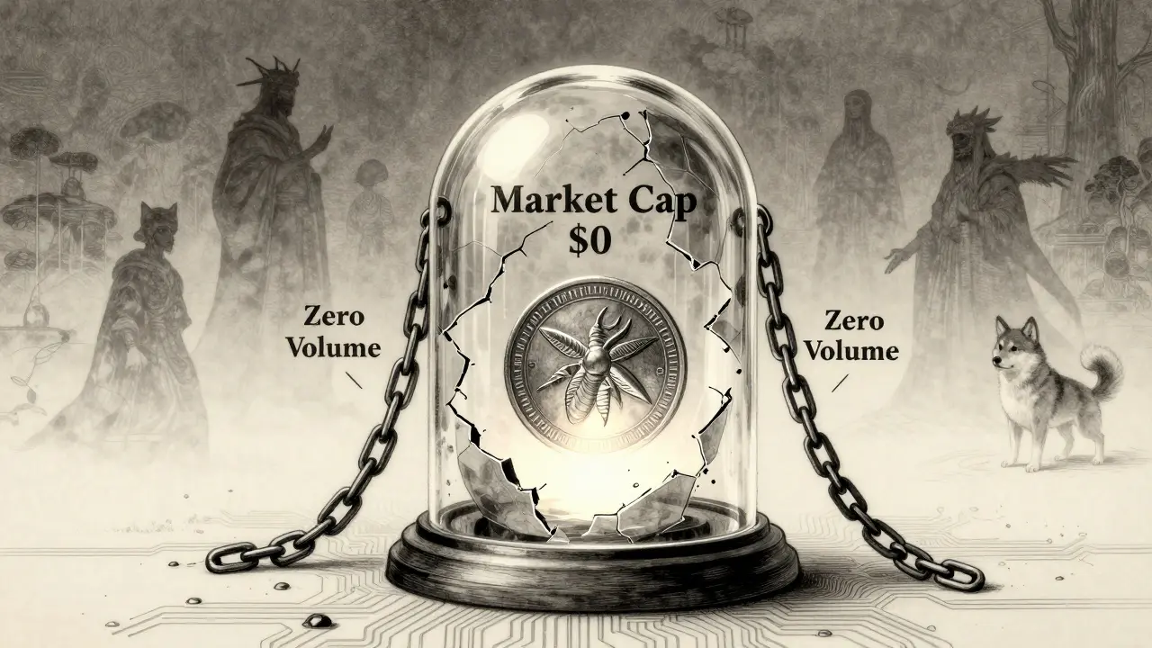 A fragile glass dome holds a glowing FLY token as broken chains surround it, with distant crypto legends fading beyond.