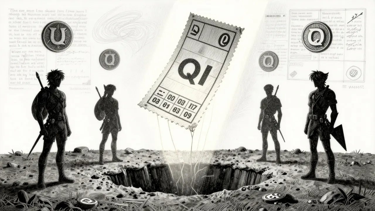 A fragile QI lottery ticket floating over a void, contrasted with stable crypto tokens grounded on earth.