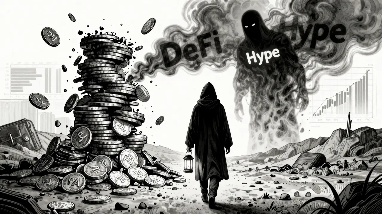 A lone figure walks away from a collapsing PAI tower, leaving behind DeFi hype dissolving into smoke.