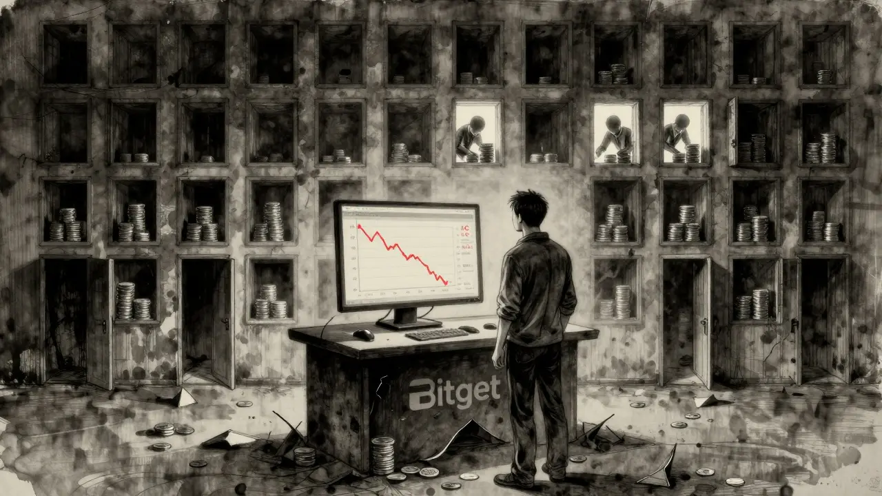 A lone trader facing a broken terminal, surrounded by sealed doorways representing the few AIC holders, with three glowing windows of manipulators.