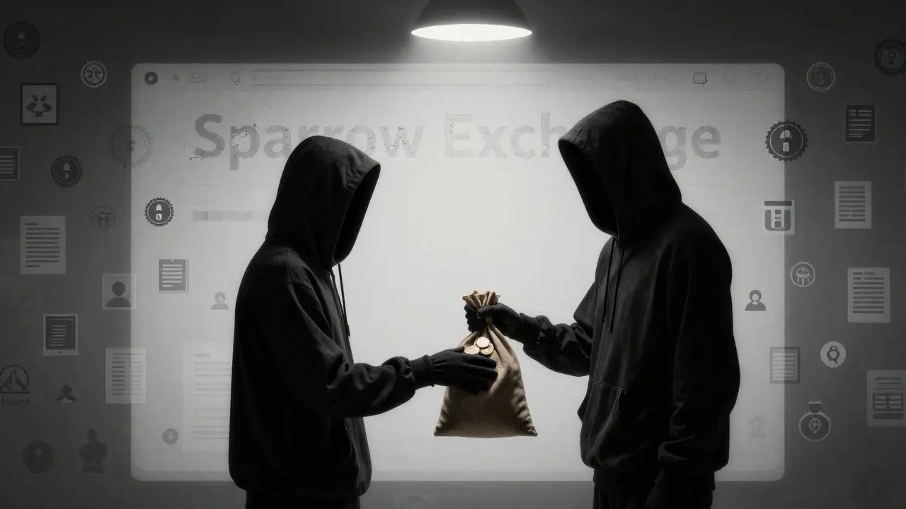 A shadowy figure giving crypto to a faceless entity before a blank, crumbling webpage.