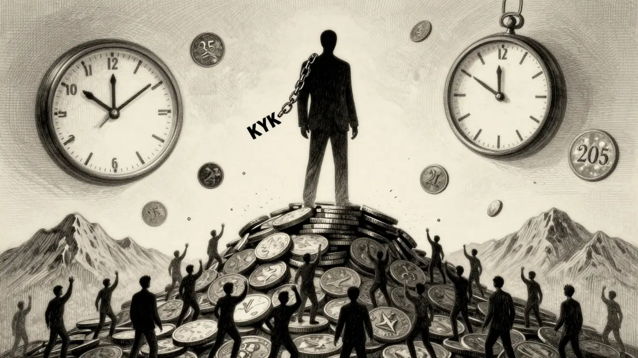 A shadowy figure stands on a pile of vanishing coins as desperate users reach up toward a broken clock.