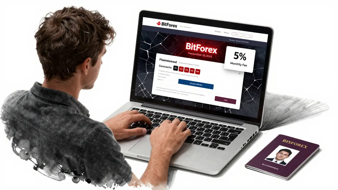 A trader faces a laptop showing BitForex&#039;s withdrawal deadline and 5% monthly fee notice.