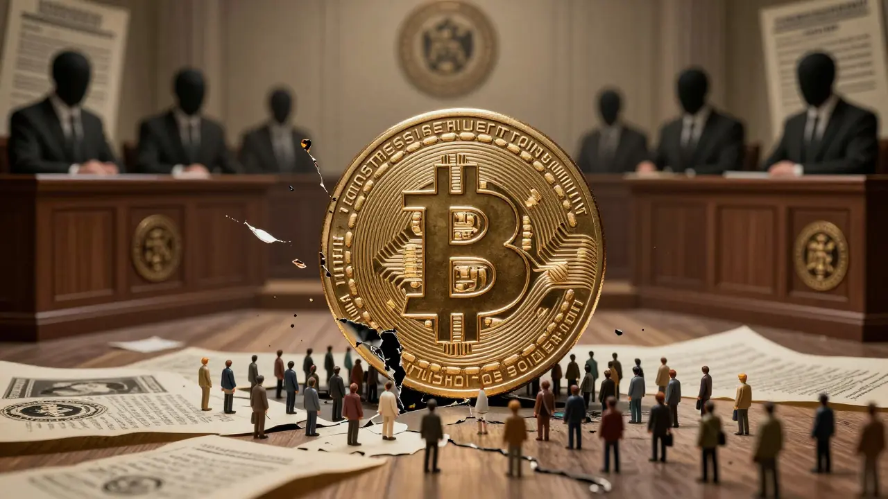 Cracked Bitcoin coin spilling victims as syndicate leaders vanish into legal paperwork.